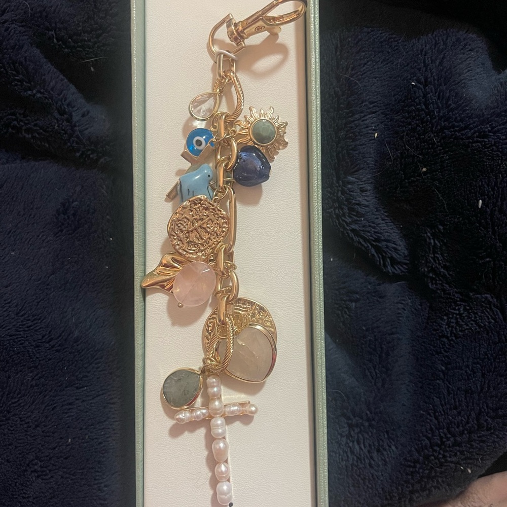 Gold Charm Bracelet with Pearls and Blue Accents